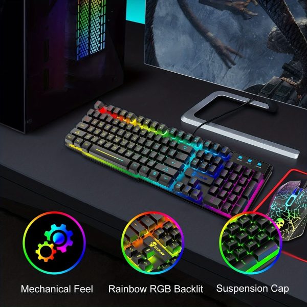 Gaming Keyboard And Mouse Sets Rainbow Backlit Ergonomic Usb Mechanical Feel Light Up Keyboard + 2400DPI 6 Buttons Optical Rainbow LED Usb Gaming Mouse + FREE Gaming Mouse Pads Compatible With PC Laptop - Image 6