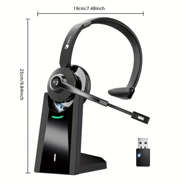 Trucker Wireless Headset, Wireless Headset With Microphone Noise Cancelling & USB Dongle, 28hrs Talktime, On Ear Wireless Headphones With Mic Mute & Charging Dock For Cell Phone/PC/Office - Image 2