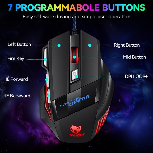 T-WOLF Wired Gaming Mouse with 7 Programmable Buttons, Optical Sensor, Ambidextrous Design, RGB Lighting, for Windows 7 - USB Corded Computer Mouse for E-Sports, Office Use, No Battery Required