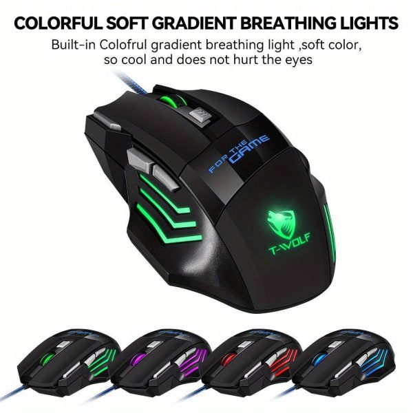 T-WOLF Wired Gaming Mouse with 7 Programmable Buttons, Optical Sensor, Ambidextrous Design, RGB Lighting, for Windows 7 - USB Corded Computer Mouse for E-Sports, Office Use, No Battery Required - Image 4