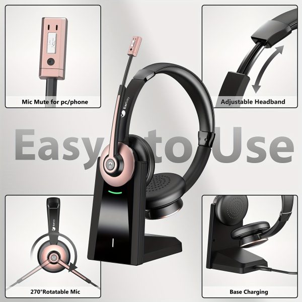 Wireless Headset With Microphone Noise Canceling & USB Dongle, Wireless Headphones With Mic Mute & Charging Dock For PC Computer Cell Phone Remote Work Office Zoom Meetings Call