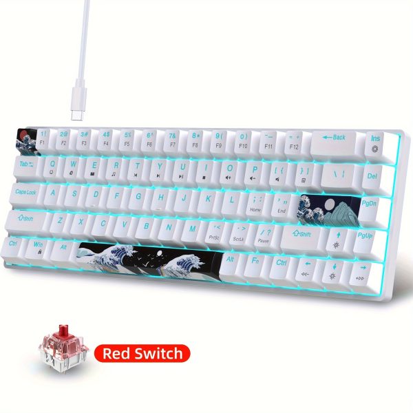 Gaming Mechanical Keyboard Ultra Compact Mini 68 Key with Red Switches Sea Blue LED Backlit Gaming Keyboard Anti-Ghosting Keys for Windows Laptops and PC Gamers with Great Wave 3 PBT Material keycaps Wired keyboard, only supports wired connection usage - Image 4