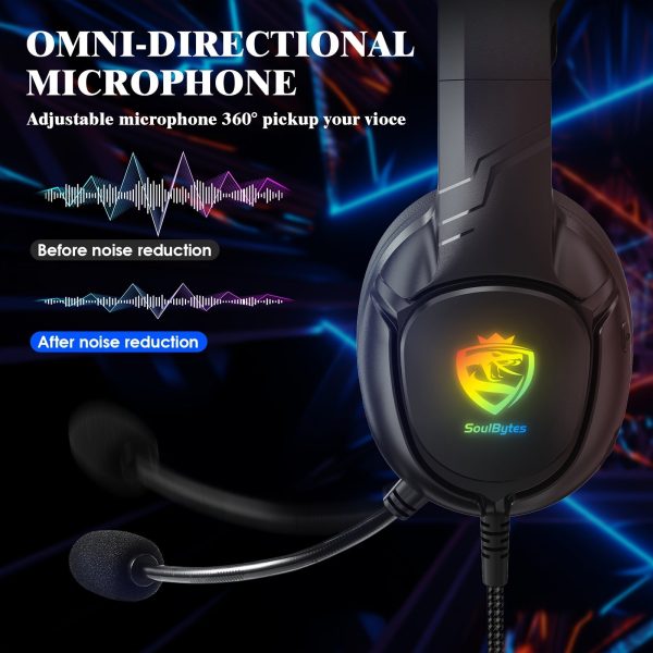 SOULBYTES S20 Gaming Headset On-Ear Headphones with Condenser Microphone, Wired Volume/Mute Control, RGB Breathing Light, Surround Sound for PS4 PS5 XBOX PC Laptop - 3.5mm Jack, Non-Waterproof, Sound Isolation, Tangle-Free Cable, Push Button Control, Open - Image 6