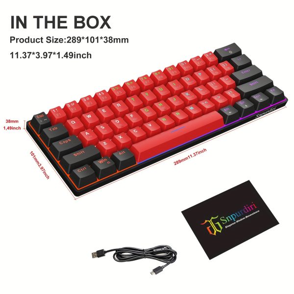 Snpurdiri 60% Wired Mechanical Gaming Keyboard, LED Backlit 61 Keys Small Wired Office Keyboard For Windows Laptop PC Mac (Black-Red, Blue Switches) - Image 2