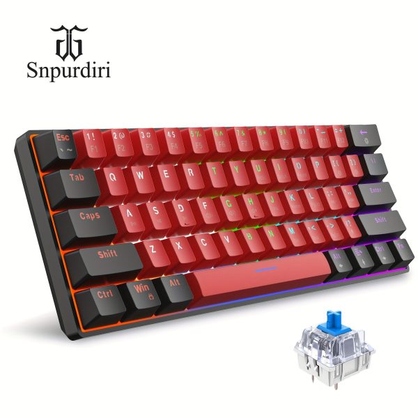 Snpurdiri 60% Wired Mechanical Gaming Keyboard, LED Backlit 61 Keys Small Wired Office Keyboard For Windows Laptop PC Mac (Black-Red, Blue Switches)