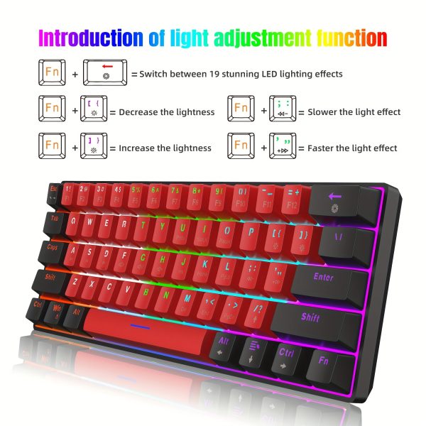 Snpurdiri 60% Wired Mechanical Gaming Keyboard, LED Backlit 61 Keys Small Wired Office Keyboard For Windows Laptop PC Mac (Black-Red, Blue Switches) - Image 5