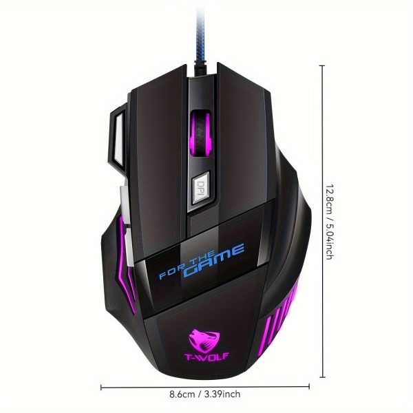 T-WOLF Wired Gaming Mouse with 7 Programmable Buttons, Optical Sensor, Ambidextrous Design, RGB Lighting, for Windows 7 - USB Corded Computer Mouse for E-Sports, Office Use, No Battery Required - Image 2