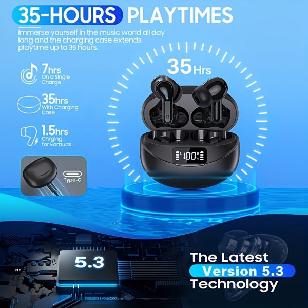 Wireless Earbuds V5.3 Earphones, 35Hrs Playtime Headphones LED Display Noise Cancelling Clear Calls Ear Buds with Charging Case for Workout/Office - Image 4