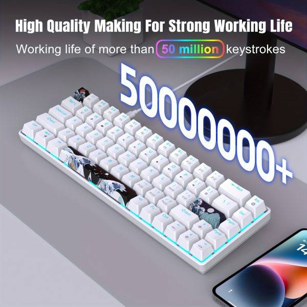 Gaming Mechanical Keyboard Ultra Compact Mini 68 Key with Red Switches Sea Blue LED Backlit Gaming Keyboard Anti-Ghosting Keys for Windows Laptops and PC Gamers with Great Wave 3 PBT Material keycaps Wired keyboard, only supports wired connection usage