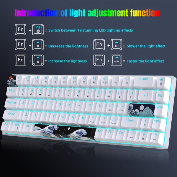 Gaming Mechanical Keyboard Ultra Compact Mini 68 Key with Red Switches Sea Blue LED Backlit Gaming Keyboard Anti-Ghosting Keys for Windows Laptops and PC Gamers with Great Wave 3 PBT Material keycaps Wired keyboard, only supports wired connection usage - Image 2