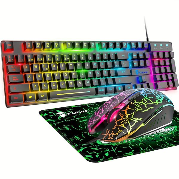 Gaming Keyboard And Mouse Sets Rainbow Backlit Ergonomic Usb Mechanical Feel Light Up Keyboard + 2400DPI 6 Buttons Optical Rainbow LED Usb Gaming Mouse + FREE Gaming Mouse Pads Compatible With PC Laptop