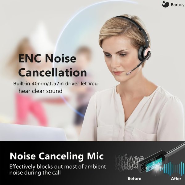 Wireless Headset With Microphone Noise Canceling & USB Dongle, Wireless Headphones With Mic Mute & Charging Dock For PC Computer Cell Phone Remote Work Office Zoom Meetings Call - Image 5